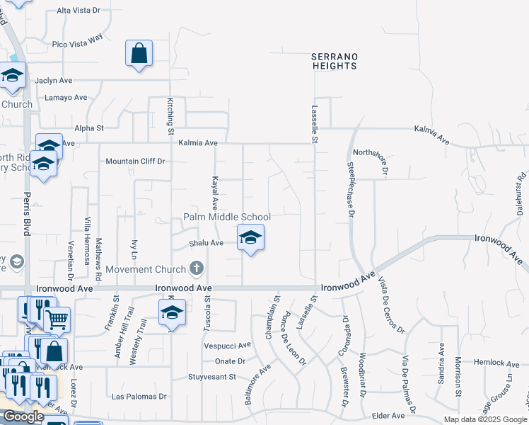 map of restaurants, bars, coffee shops, grocery stores, and more near 11665 Tigertail Circle in Moreno Valley