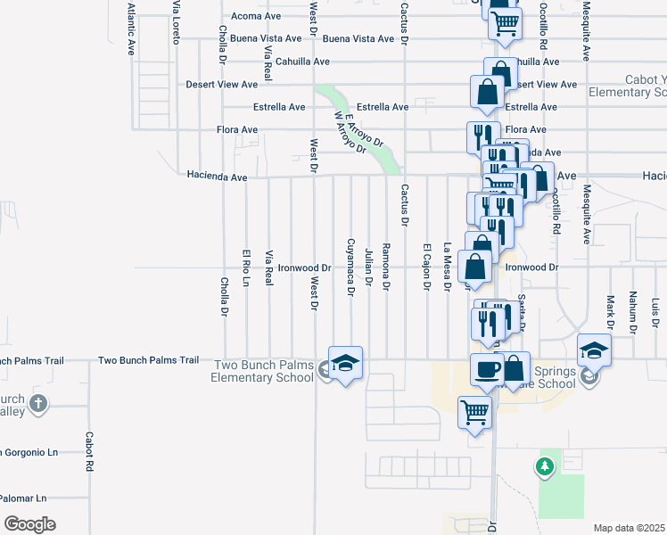 map of restaurants, bars, coffee shops, grocery stores, and more near Santa Ysabel Drive in Desert Hot Springs