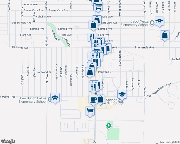 map of restaurants, bars, coffee shops, grocery stores, and more near Ironwood Drive in Desert Hot Springs