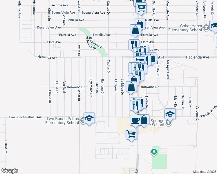 map of restaurants, bars, coffee shops, grocery stores, and more near Cactus Drive in Desert Hot Springs