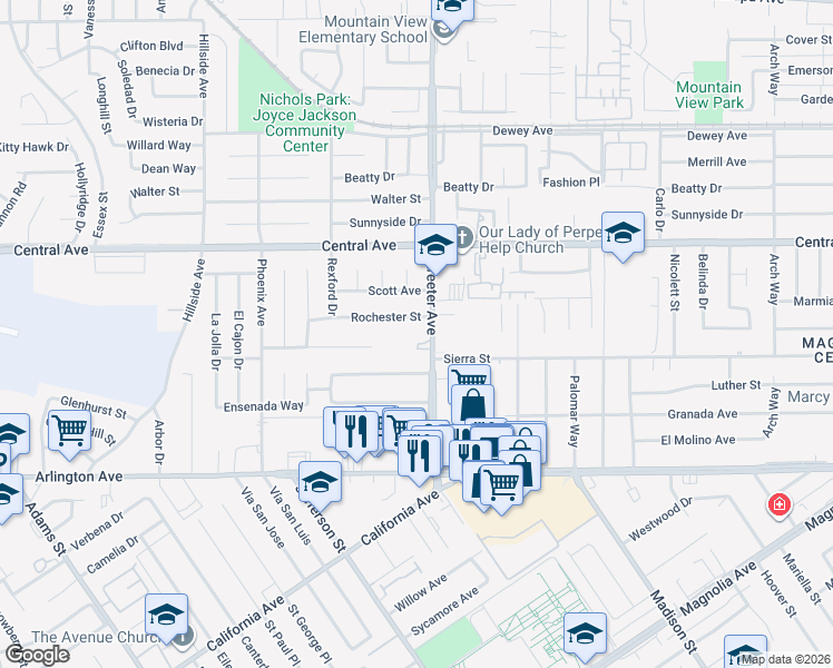 map of restaurants, bars, coffee shops, grocery stores, and more near 5321 Declan Street in Riverside