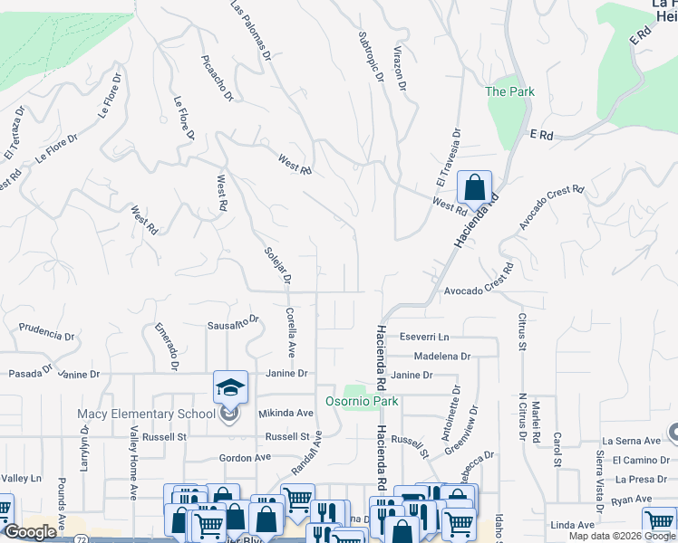 map of restaurants, bars, coffee shops, grocery stores, and more near 235 West Avocado Crest Road in La Habra Heights