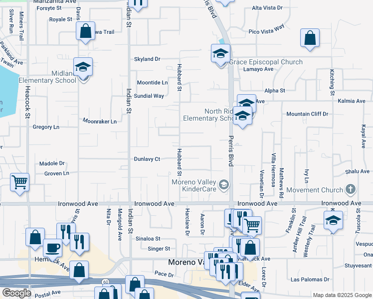 map of restaurants, bars, coffee shops, grocery stores, and more near 11705 Hubbard Street in Moreno Valley