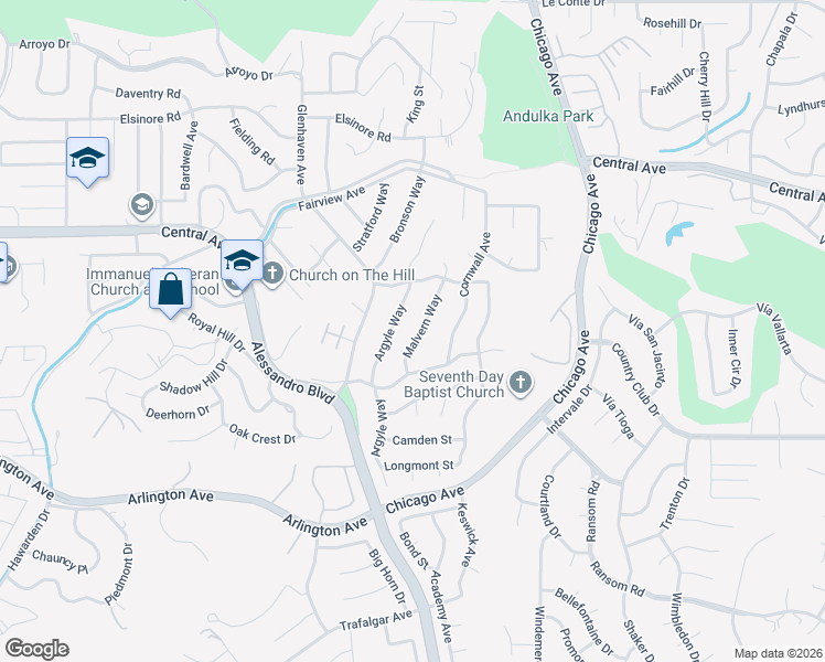 map of restaurants, bars, coffee shops, grocery stores, and more near 5539 Malvern Way in Riverside