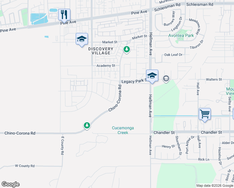 map of restaurants, bars, coffee shops, grocery stores, and more near 8651 Hereford Drive in Chino
