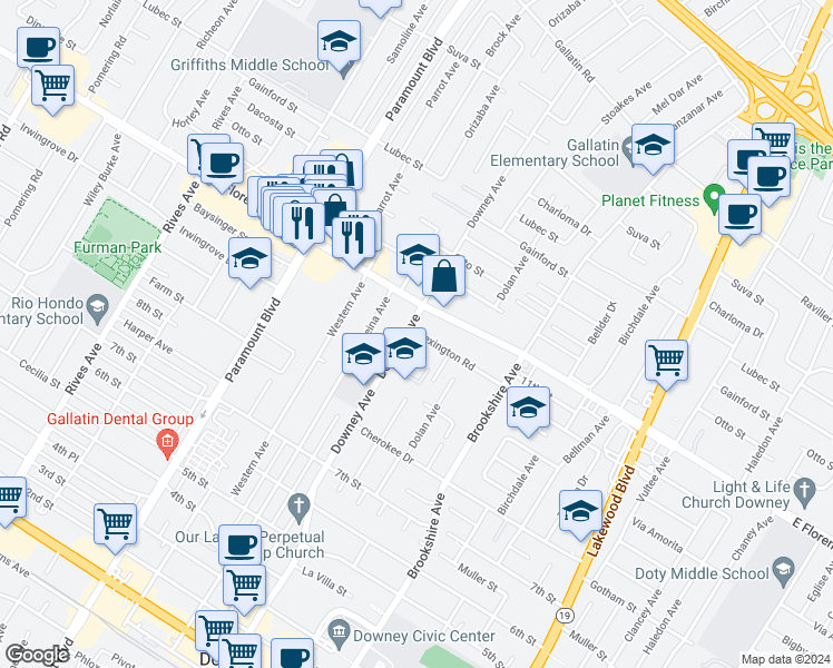 map of restaurants, bars, coffee shops, grocery stores, and more near in Downey
