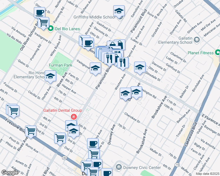map of restaurants, bars, coffee shops, grocery stores, and more near 10348 Paramount Boulevard in Downey