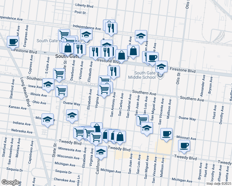 map of restaurants, bars, coffee shops, grocery stores, and more near 3522 Southern Avenue in South Gate