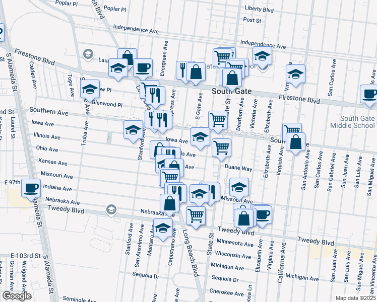 map of restaurants, bars, coffee shops, grocery stores, and more near 3140 Iowa Avenue in South Gate