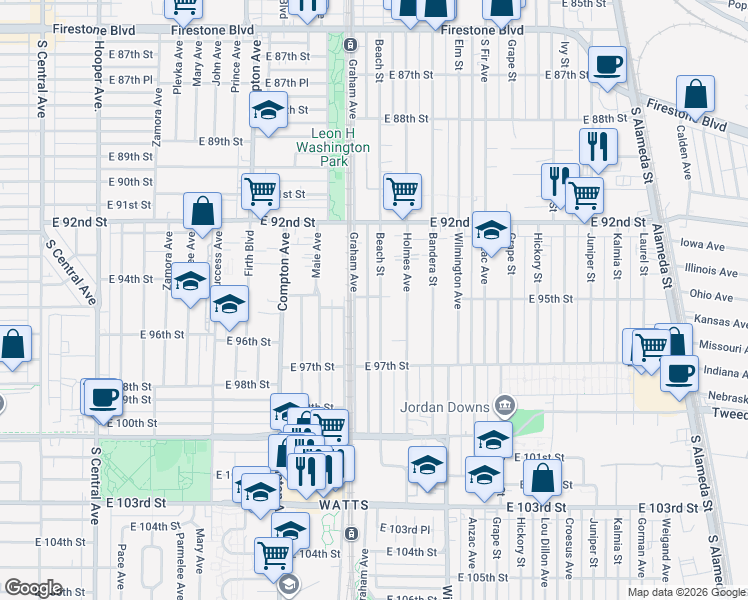 map of restaurants, bars, coffee shops, grocery stores, and more near 9415 Beach Street in Los Angeles