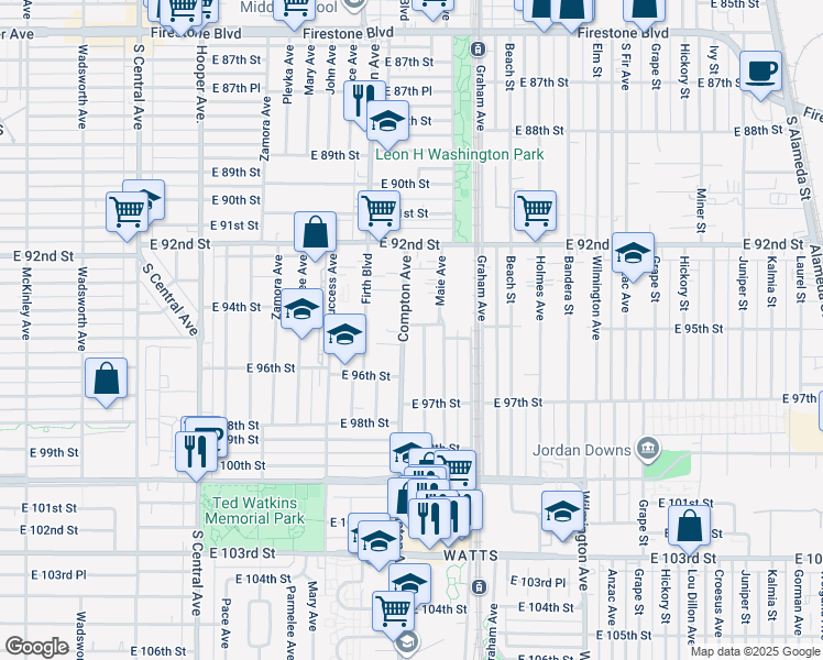 map of restaurants, bars, coffee shops, grocery stores, and more near 9415 Compton Avenue in Los Angeles