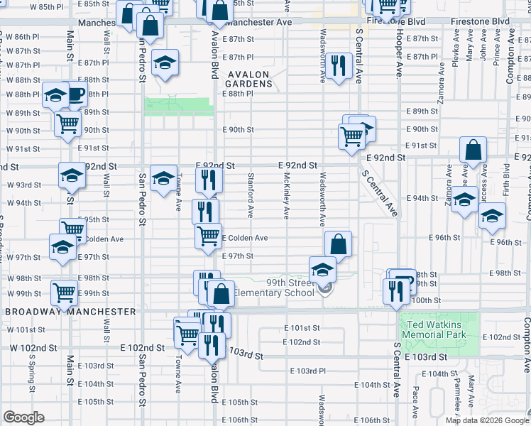 map of restaurants, bars, coffee shops, grocery stores, and more near 744 East 94th Street in Los Angeles