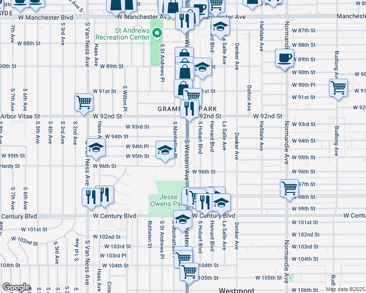 map of restaurants, bars, coffee shops, grocery stores, and more near 1806 West 94th Street in Los Angeles