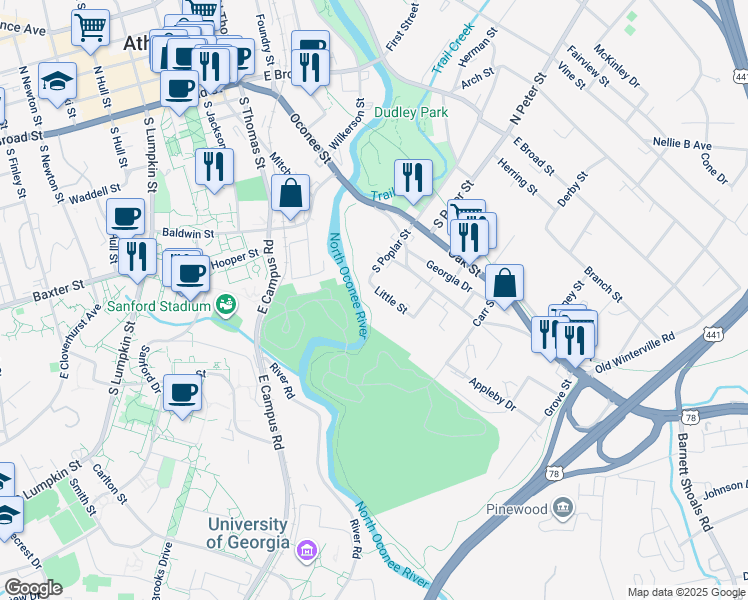 map of restaurants, bars, coffee shops, grocery stores, and more near 129 Little Street in Athens