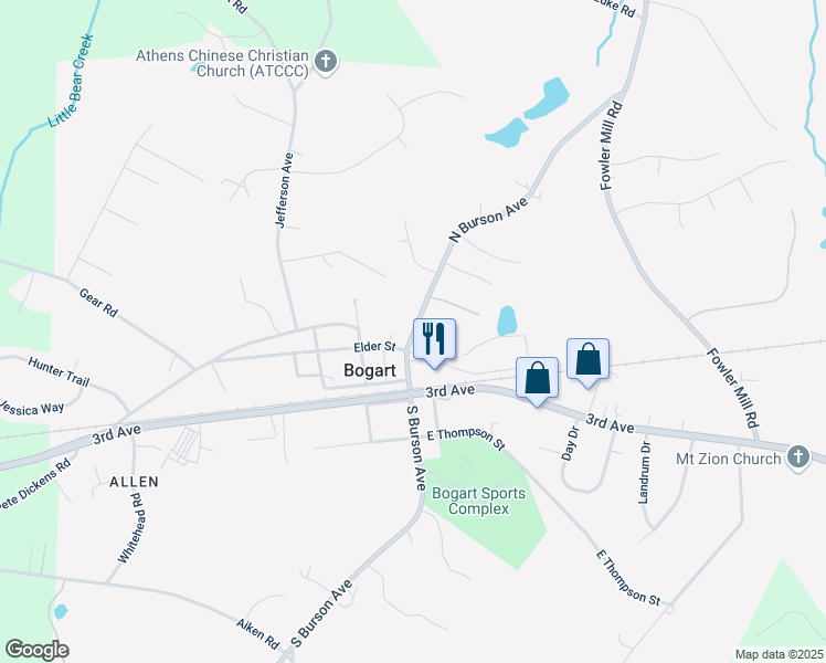 map of restaurants, bars, coffee shops, grocery stores, and more near 163 North Burson Avenue in Bogart