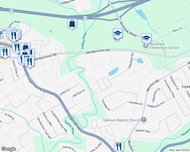 map of restaurants, bars, coffee shops, grocery stores, and more near 1420 Charing Cross Way in Lawrenceville