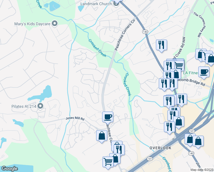 map of restaurants, bars, coffee shops, grocery stores, and more near 6494 Bannor Lane in Norcross