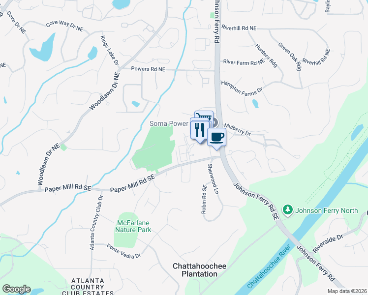 map of restaurants, bars, coffee shops, grocery stores, and more near 369 Village Parkway Northeast in Marietta