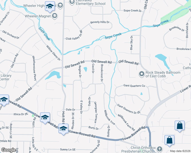 map of restaurants, bars, coffee shops, grocery stores, and more near 34 Cecil Drive in Marietta