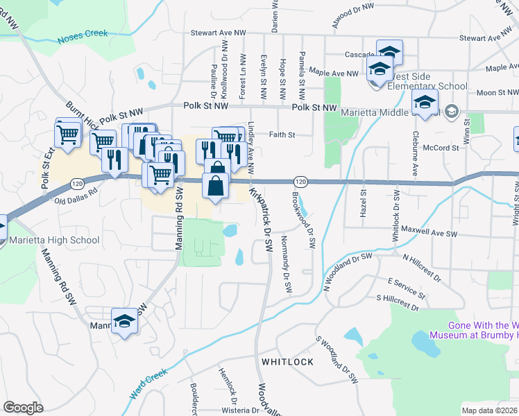 map of restaurants, bars, coffee shops, grocery stores, and more near 111 Patrick Way in Marietta