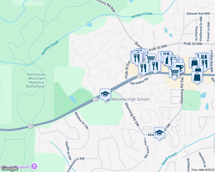 map of restaurants, bars, coffee shops, grocery stores, and more near 1166 Whitlock Avenue Northwest in Marietta