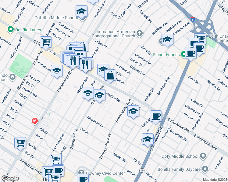 map of restaurants, bars, coffee shops, grocery stores, and more near 8326 East Florence Avenue in Downey