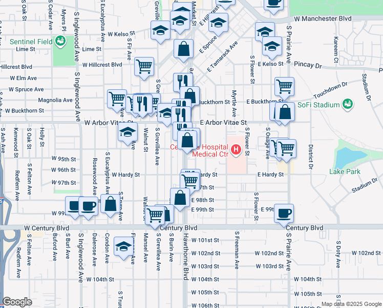 map of restaurants, bars, coffee shops, grocery stores, and more near 942 South Orchard Drive in Inglewood