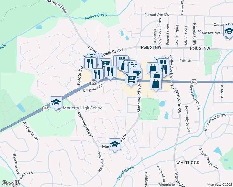 map of restaurants, bars, coffee shops, grocery stores, and more near 925 Whitlock Avenue Northwest in Marietta