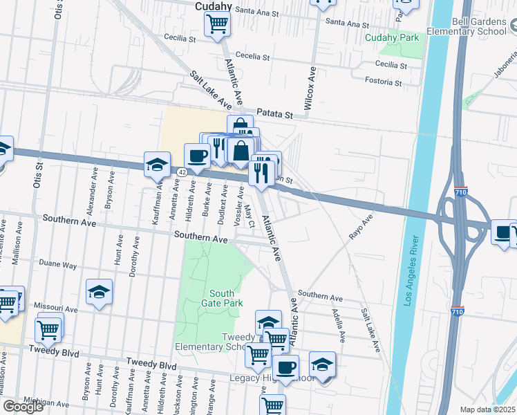 map of restaurants, bars, coffee shops, grocery stores, and more near 8949 Atlantic Avenue in South Gate
