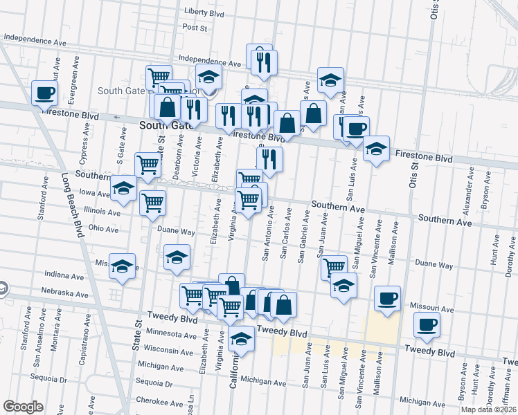 map of restaurants, bars, coffee shops, grocery stores, and more near 9222 California Avenue in South Gate