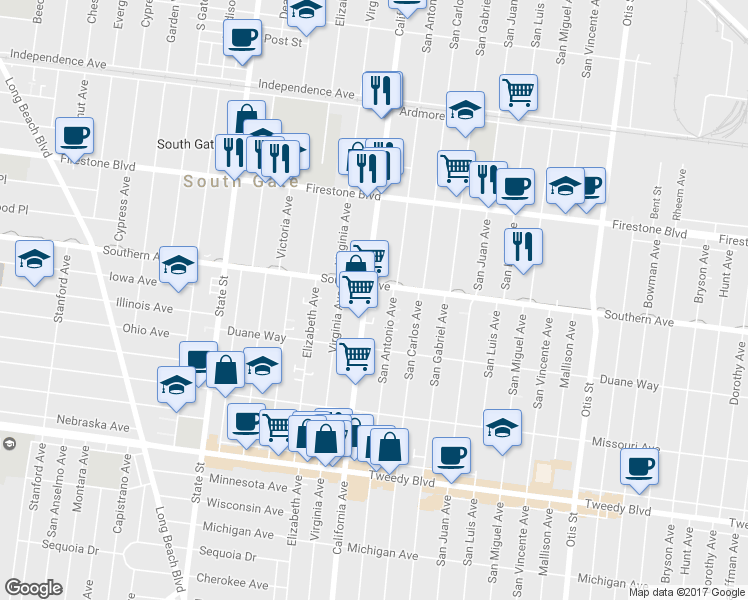 map of restaurants, bars, coffee shops, grocery stores, and more near 9222 California Avenue in South Gate