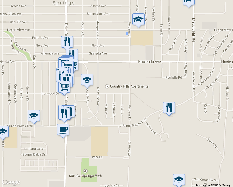 map of restaurants, bars, coffee shops, grocery stores, and more near 66950 Ironwood Drive in Desert Hot Springs