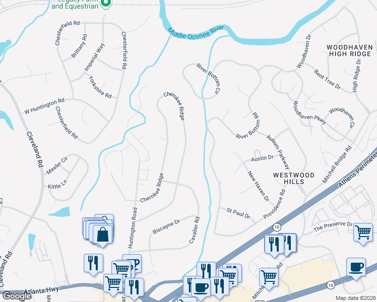 map of restaurants, bars, coffee shops, grocery stores, and more near 277 Cherokee Ridge in Athens