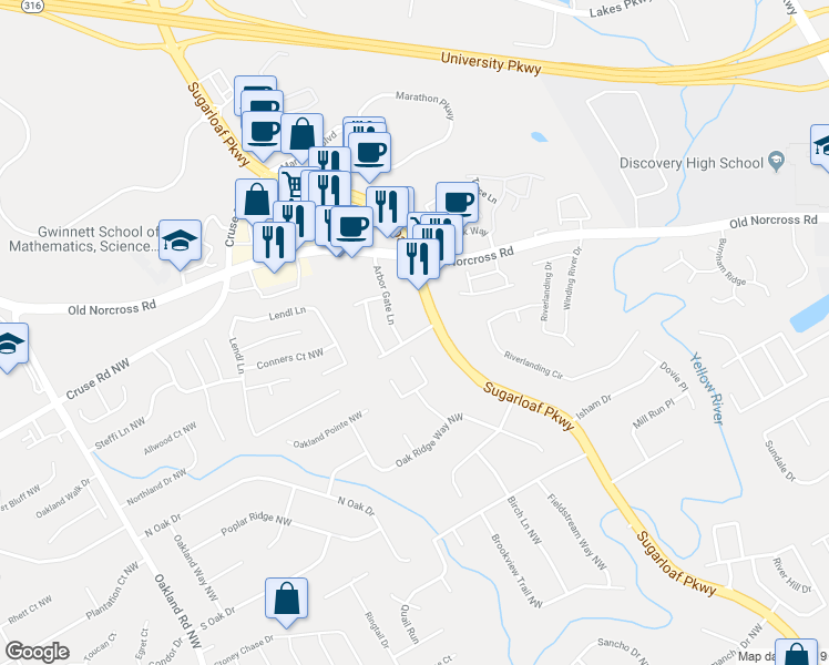 map of restaurants, bars, coffee shops, grocery stores, and more near 1727 Arbor Gate Drive in Lawrenceville