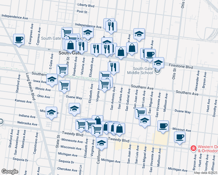 map of restaurants, bars, coffee shops, grocery stores, and more near 3522 Southern Avenue in South Gate