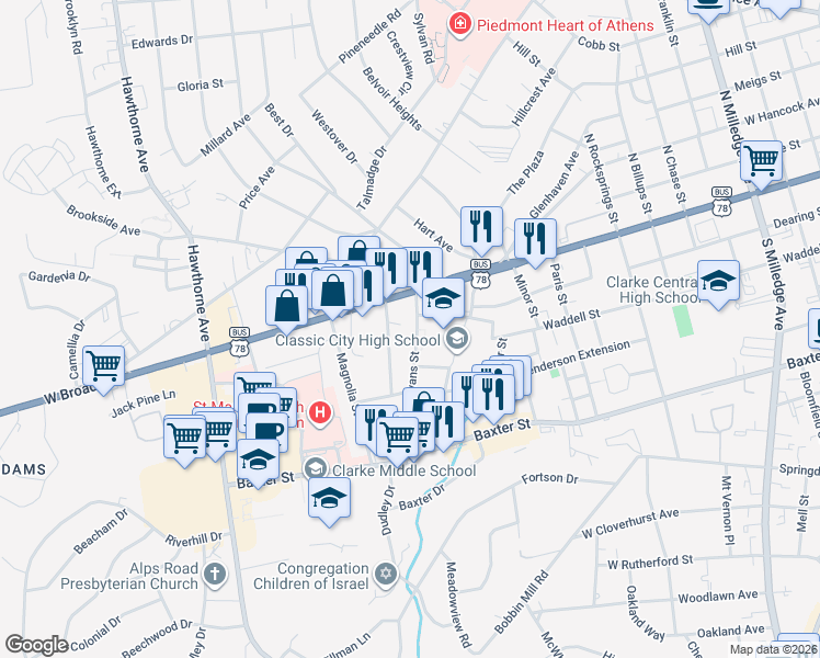 map of restaurants, bars, coffee shops, grocery stores, and more near 202 Evans Street in Athens