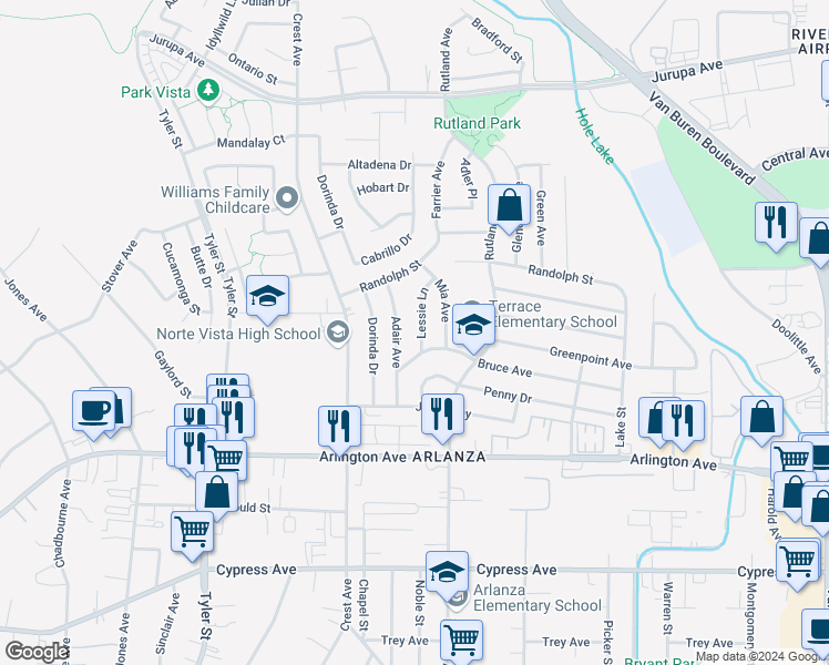 map of restaurants, bars, coffee shops, grocery stores, and more near 6623 Lessie Lane in Riverside