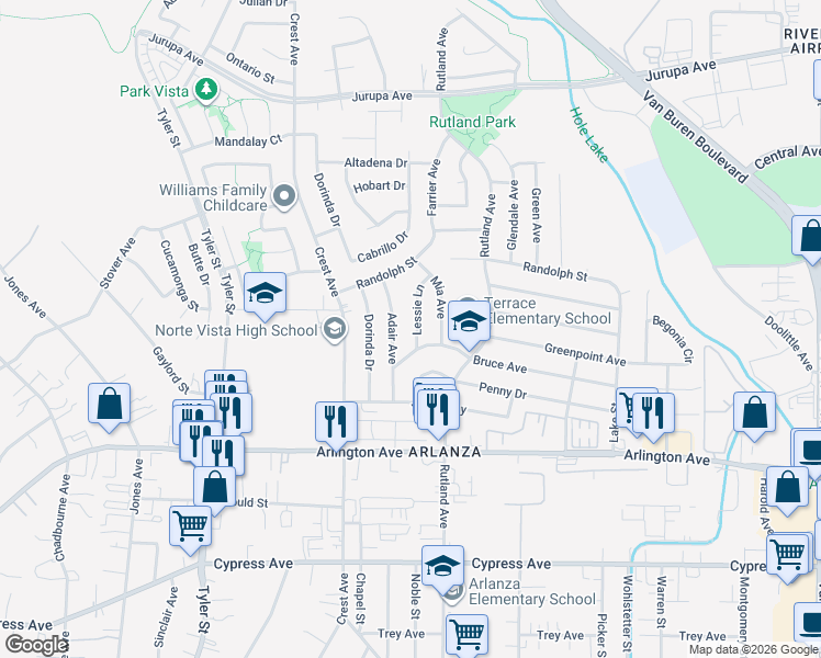 map of restaurants, bars, coffee shops, grocery stores, and more near 6623 Lessie Lane in Riverside