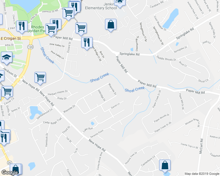 map of restaurants, bars, coffee shops, grocery stores, and more near 475 Wayside Drive in Lawrenceville
