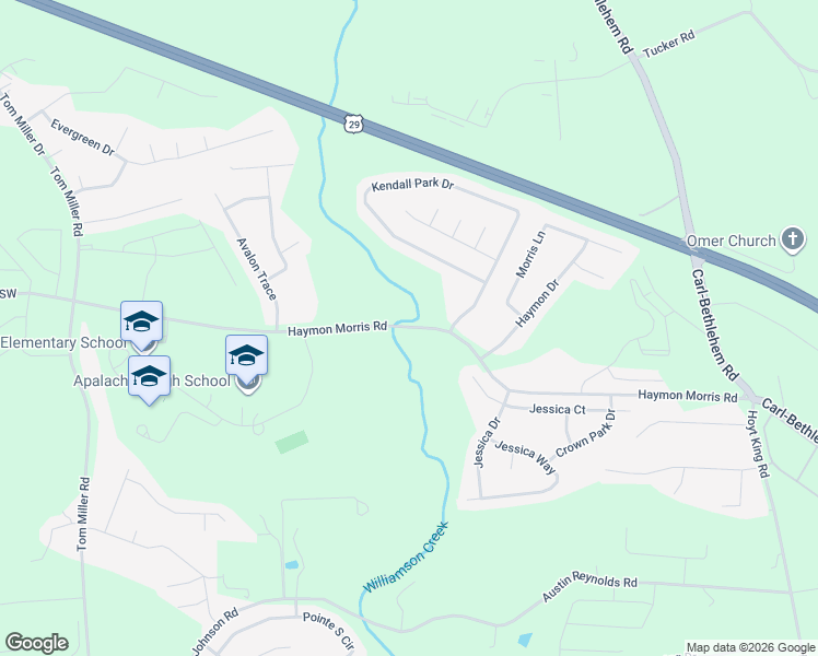 map of restaurants, bars, coffee shops, grocery stores, and more near 802 Kendall Park Drive in Winder
