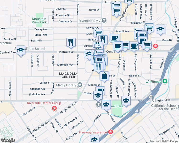 map of restaurants, bars, coffee shops, grocery stores, and more near 6676 School Circle Drive in Riverside