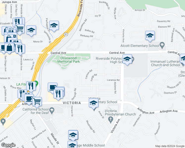 map of restaurants, bars, coffee shops, grocery stores, and more near 5593 Fargo Road in Riverside