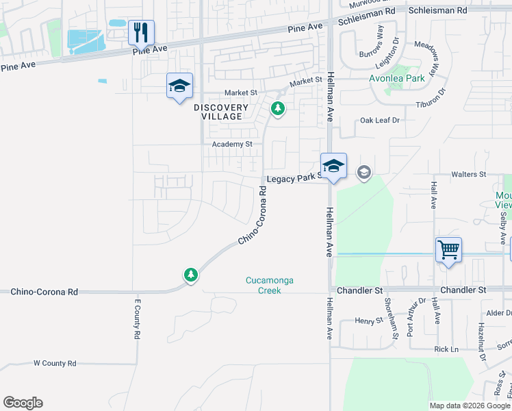 map of restaurants, bars, coffee shops, grocery stores, and more near 8651 Hereford Drive in Chino