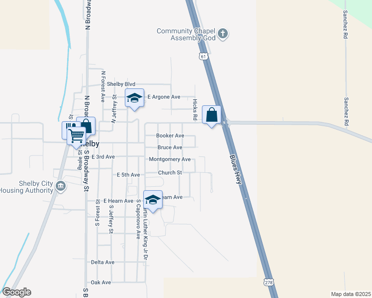 map of restaurants, bars, coffee shops, grocery stores, and more near 1103-1111 Bruce Avenue in Shelby