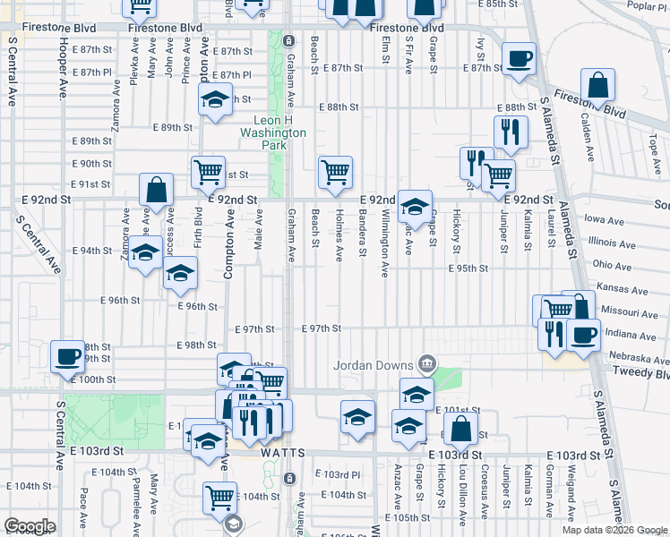 map of restaurants, bars, coffee shops, grocery stores, and more near 9501 Holmes Avenue in Los Angeles