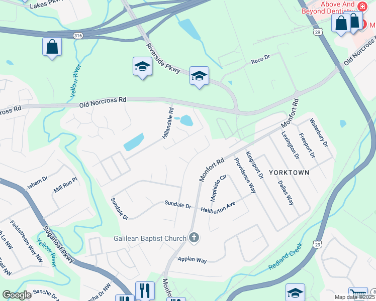 map of restaurants, bars, coffee shops, grocery stores, and more near 1300 Chris Lake Drive in Lawrenceville