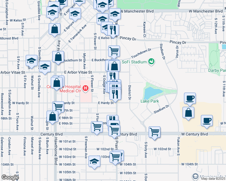 map of restaurants, bars, coffee shops, grocery stores, and more near 945 South Prairie Avenue in Inglewood