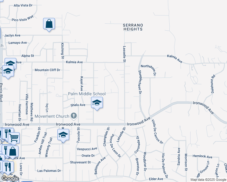 map of restaurants, bars, coffee shops, grocery stores, and more near 11686 Maple Court in Moreno Valley