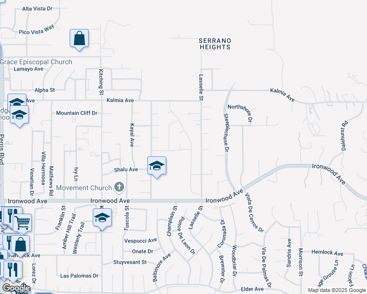 map of restaurants, bars, coffee shops, grocery stores, and more near 11686 Maple Court in Moreno Valley