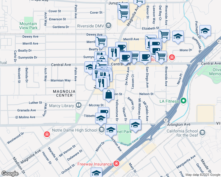 map of restaurants, bars, coffee shops, grocery stores, and more near 6735 Yellowstone Drive in Riverside